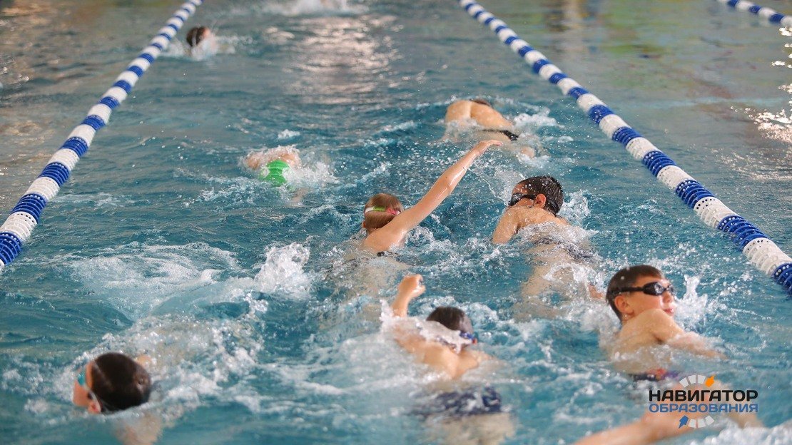 Школьники учатся плавать на уроках физкультуры